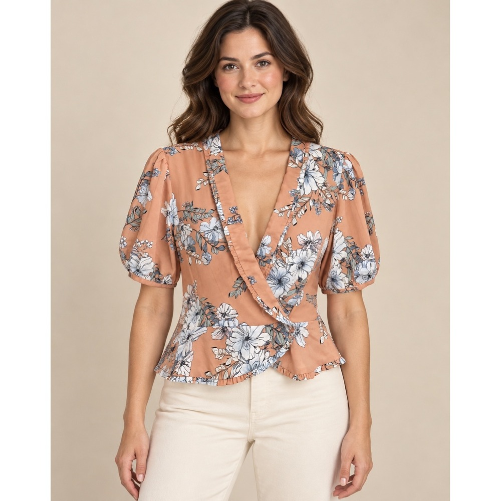 June & Hudson Floral Wrap Peplum Top Terracotta Ruffle Puff Sleeve Large